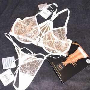 Honey Birdette “Sylvie” Elegant White Lace Bra, Panty & Stay Up Stockings